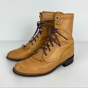VTG JUSTIN Tan Brown Leather Lace Up Roper Boots 6 B Kiltie Fringe Granny Boots